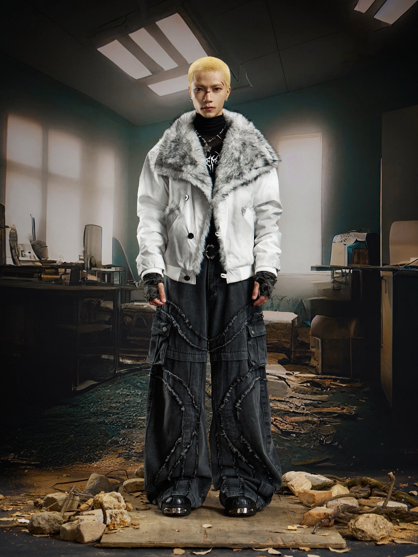 Damage Dye Fake Fur Lapel Puffer Jacket WN22764