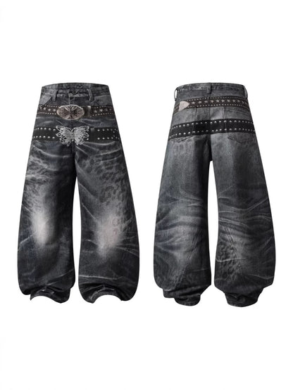 Studs Detail Washed Wide Leg Denim Jeans WN28036