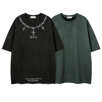 Thorn Embroidery Suede Oversize Short Sleeve T-Shirt WN16216