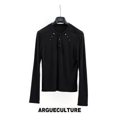 Henley Neck Rivet Stretch Long Sleeve T-Shirt WN27046