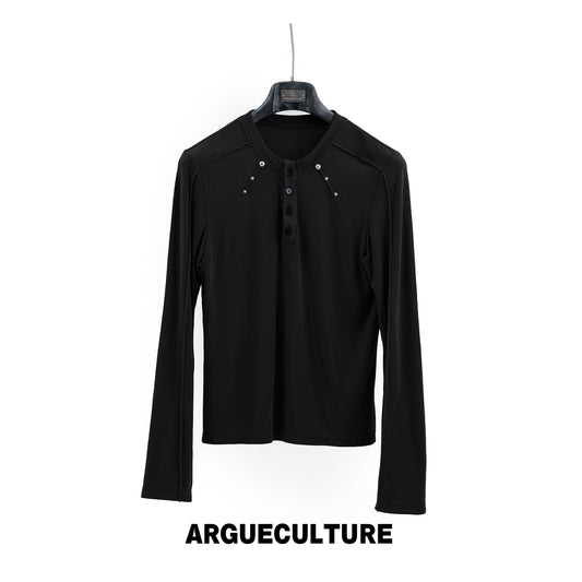 Henley Neck Rivet Stretch Long Sleeve T-Shirt WN27046