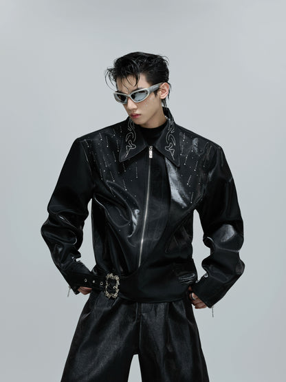 Glossy Rhinestone Button Short Zipper Jacket WN21691