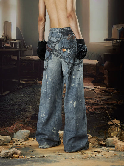 Chain Print Washed Wide Leg Denim Jeans WN18421