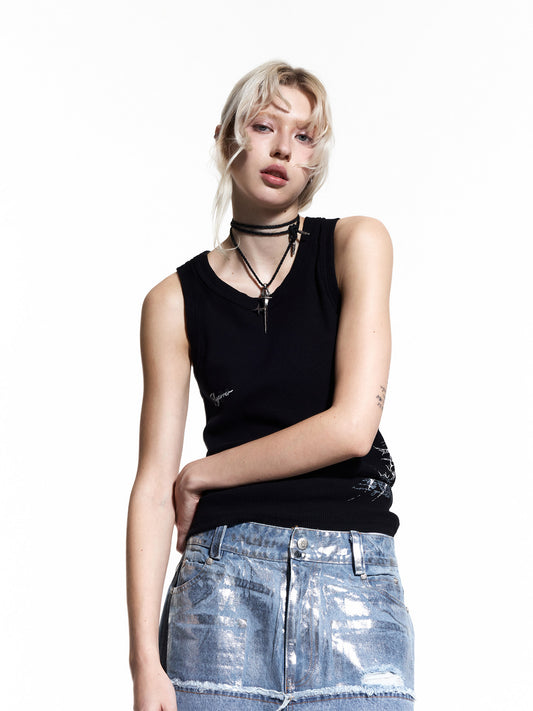 Print Ribbed Damage Tank Top WN27438