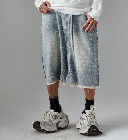 Fringe Rhinestone Wide Leg Half Denim Pants WN25612
