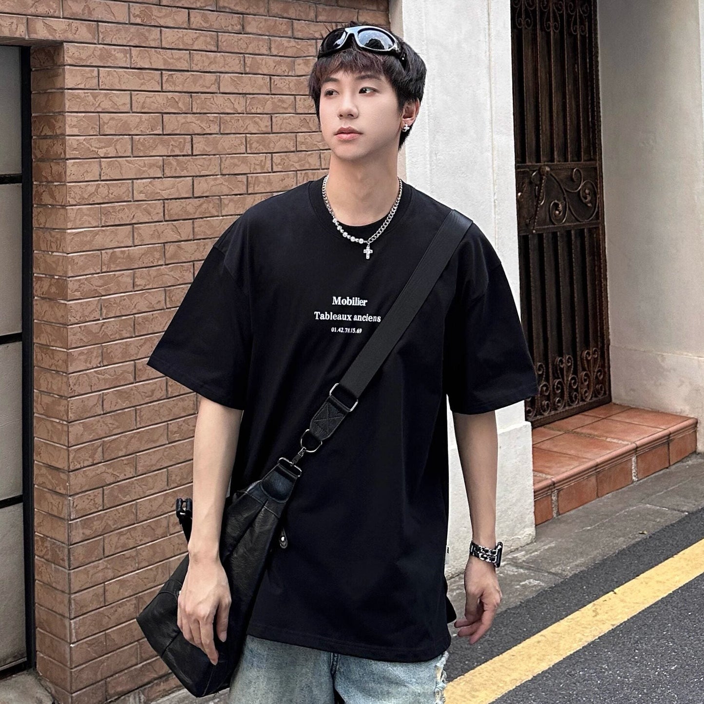 Small Neck Letter Print Oversize Short Sleeve T-Shirt WN25272