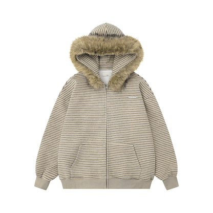 Detachable Fake Fur-Collar Zipper Hooded Jacket WN22120