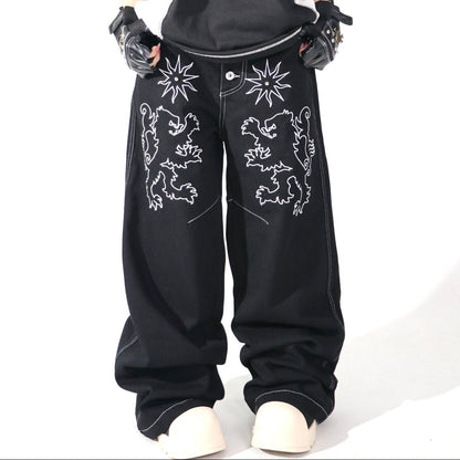 Graphic Embroidery Star Wide Leg Denim Jeans WN24127