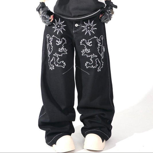 Graphic Embroidery Star Wide Leg Denim Jeans WN24127