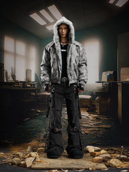 Washed Tie-Dye Suede Studded Fake Fur Hooded Puffer Jacket WN22756