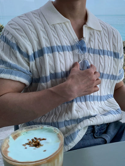 Cable Stripe Knit Lapel Short Sleeve Polo Shirt WN20322
