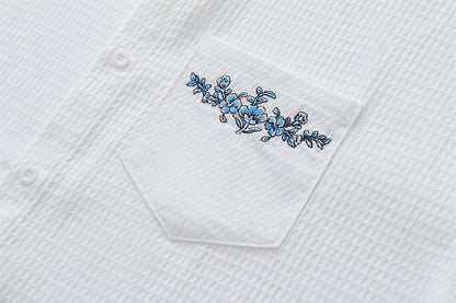 Floral Embroidery Waffle Short Sleeve Shirt WN16201