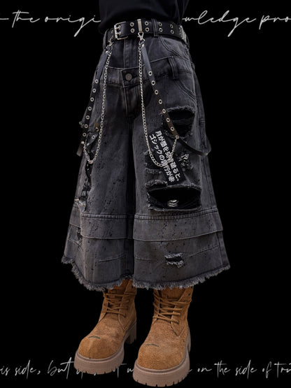 Damage Cutout Raw Hem Wide Leg Denim Jeans & Skull Belt & Cross Belt & Belt Chain WN23828