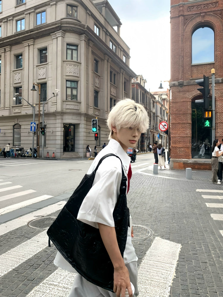 Necktie & Shoulder-Pad Design Short Sleeve Shirt WN19765