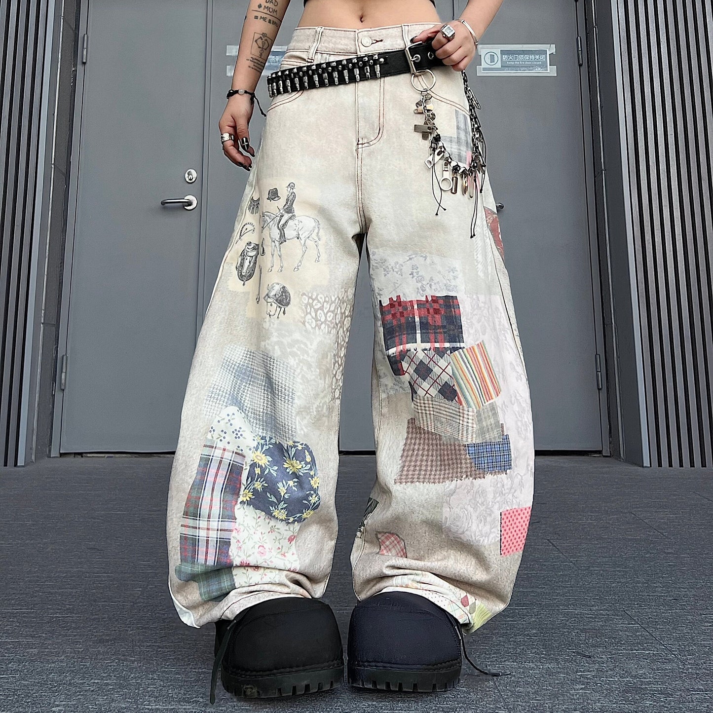 3D Digital Print Mixed Fabric Wide Leg Denim Jeans WN24175