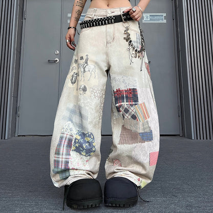 3D Digital Print Mixed Fabric Wide Leg Denim Jeans WN24175