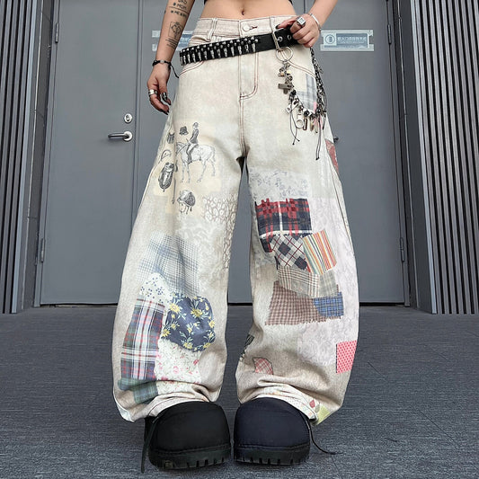 3D Digital Print Mixed Fabric Wide Leg Denim Jeans WN24175