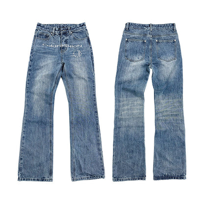 Washed Wide Leg Logo Print Denim Jeans WN27165
