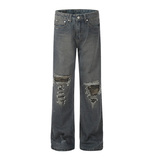 Wide-Leg Washed Damage Denim Jeans WN12969