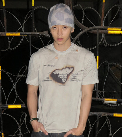 Burn Mark Manuscript Cutout Short Sleeve T-Shirt WN27095