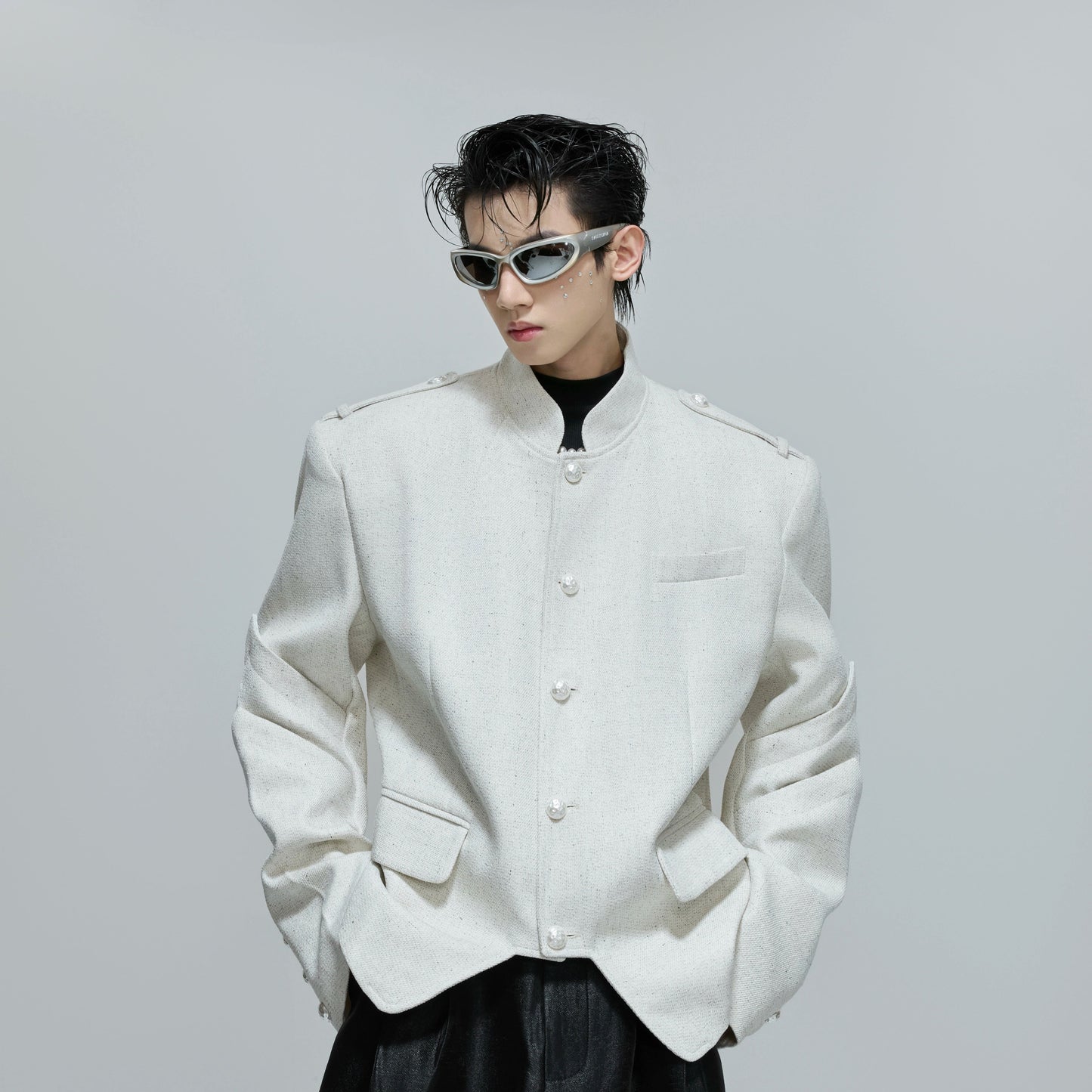 Standing-Collar Pearl Beads Button Tailored Jacket WN21692