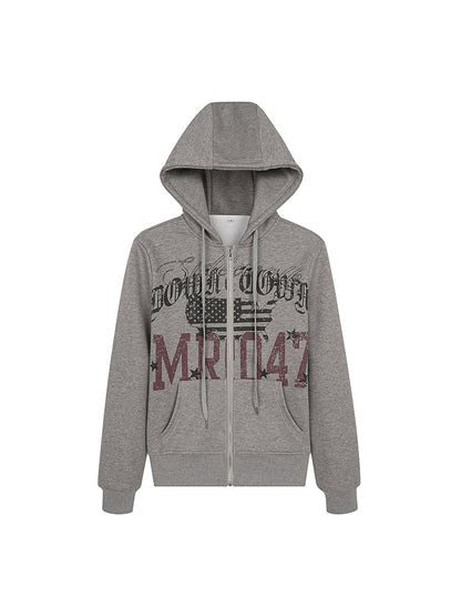 Damage Letter Print Fleece Lining Zipper Hoodie WN24208