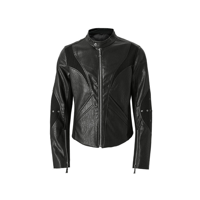 Irregular Panel Stand Neck PU Leather Jacket WN27442