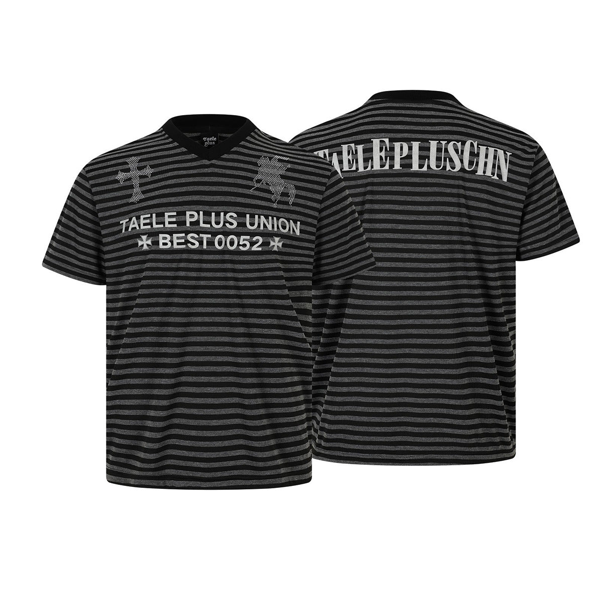 Stripe Cross Rhinestone Short Sleeve T-Shirt WN25781