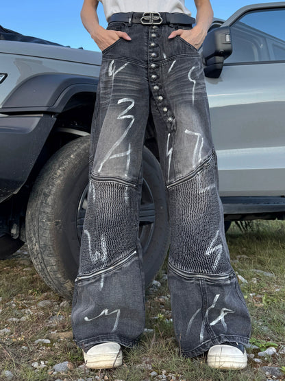 Hand-Paint Graffiti Metal Button Flare Denim Jeans WN20762