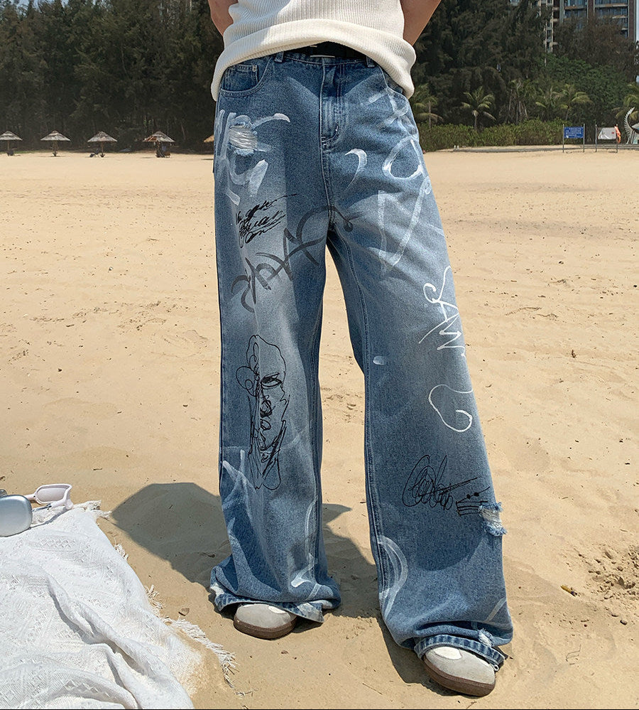 Graffiti Print Wide Leg Denim Jeans WN25028