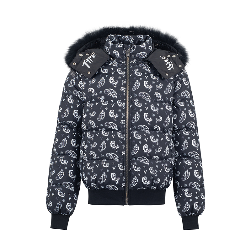 Paisley Hooded Fake Fur White Duck Down Jacket WN20991
