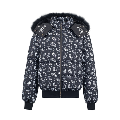 Paisley Hooded Fake Fur White Duck Down Jacket WN20991