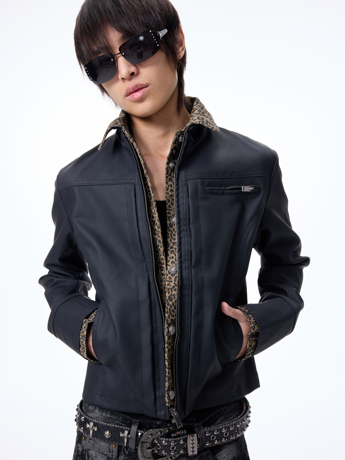 Double Placket Leopard Panel Short PU Leather Jacket WN27299