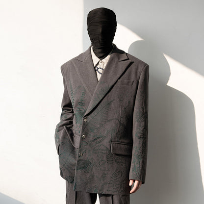 Heavy Embroidery Shoulder-Pad Oversize Tailored Jacket & Wide Leg Trousers Setup WN23648