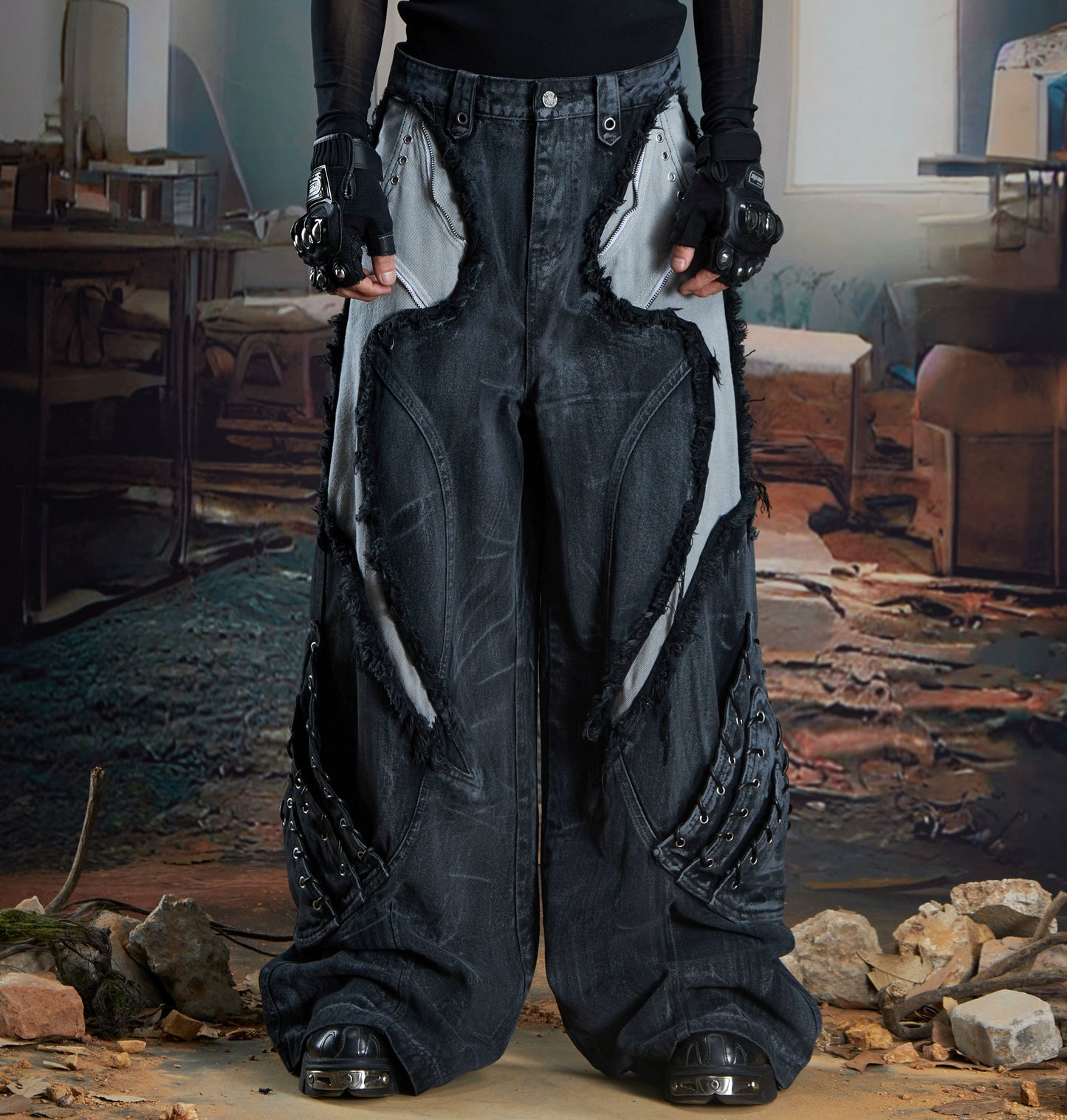 Patchwork Fringe Washed Damage Wide Leg Denim Jeans WN21354