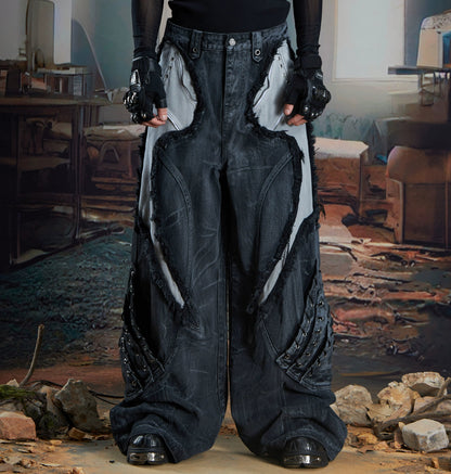 Patchwork Fringe Washed Damage Wide Leg Denim Jeans WN21354