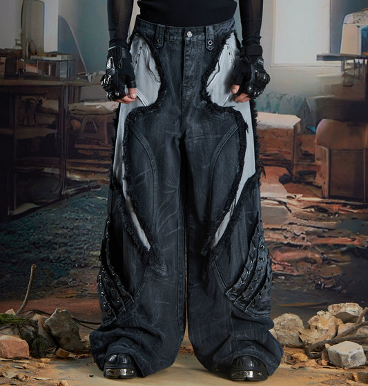 Patchwork Fringe Washed Damage Wide Leg Denim Jeans WN21354