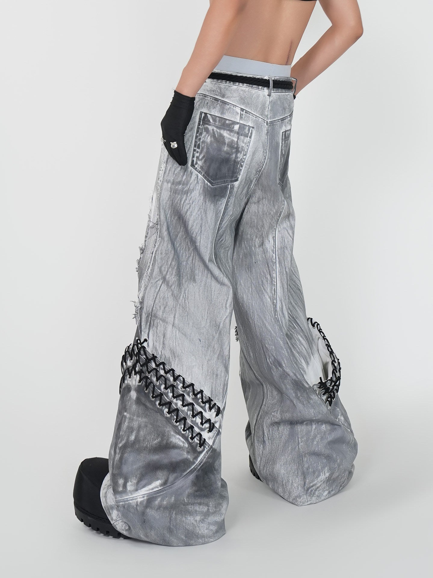 Dirty Wash Damage Drawstring Curved Flare Denim Jeans WN24148