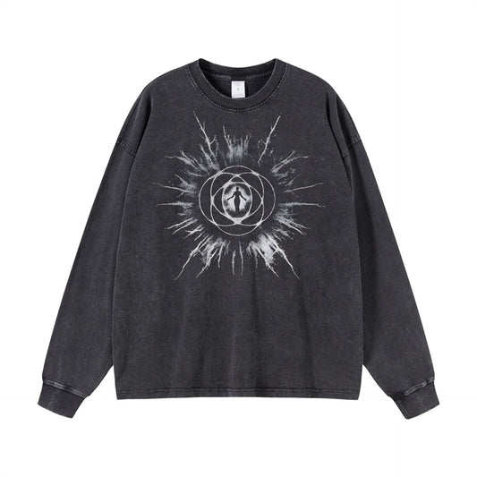 Washed Digital Direct Spray Print Round Neck Long Sleeve T-Shirt WN7802