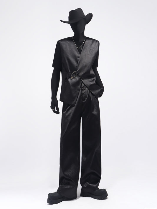 PU Leather Buckle Vest & PU Leather Wide Leg PU Leather Pants Setup WN23692