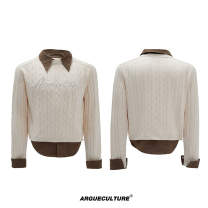 Fake Layered Pearl Embellished Thick Knit Sweater WN21721