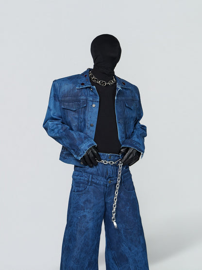 Wax Coated Short Denim Jacket & Wax Coated Wide Leg Denim Jeans Setup WN24308