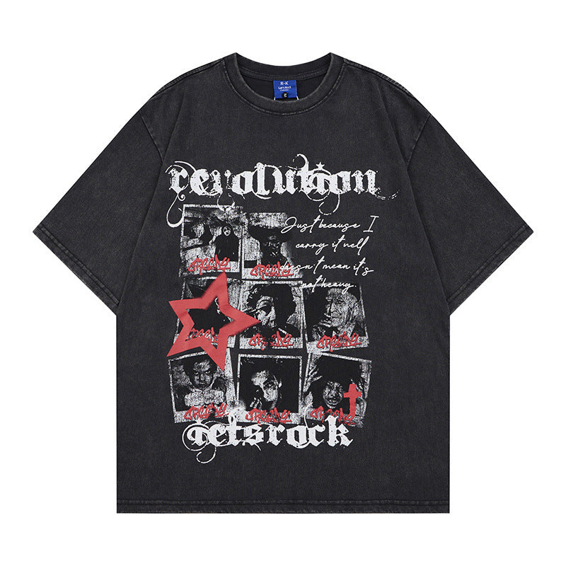 Washed Portrait Letter Print Short Sleeve T-Shirt WN25387