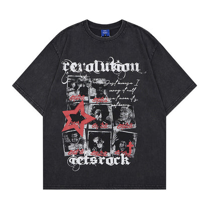 Washed Portrait Letter Print Short Sleeve T-Shirt WN25387