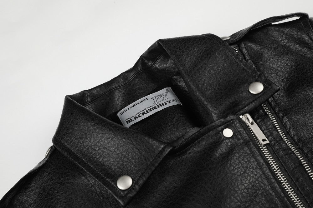 Diagonal Zipper Metal Stud Belt Short PU Leather Jacket WN27862