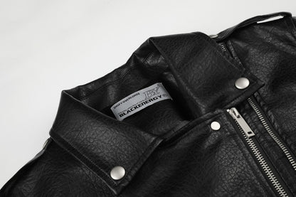 Diagonal Zipper Metal Stud Belt Short PU Leather Jacket WN27862