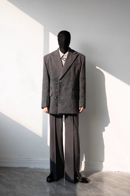 Heavy Embroidery Shoulder-Pad Oversize Tailored Jacket & Wide Leg Trousers Setup WN23648