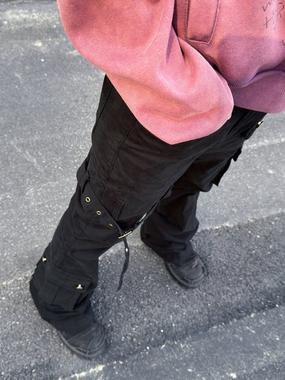 Metal Strap Pleats Multi-Pocket Slim Straight Cargo Pants WN23016