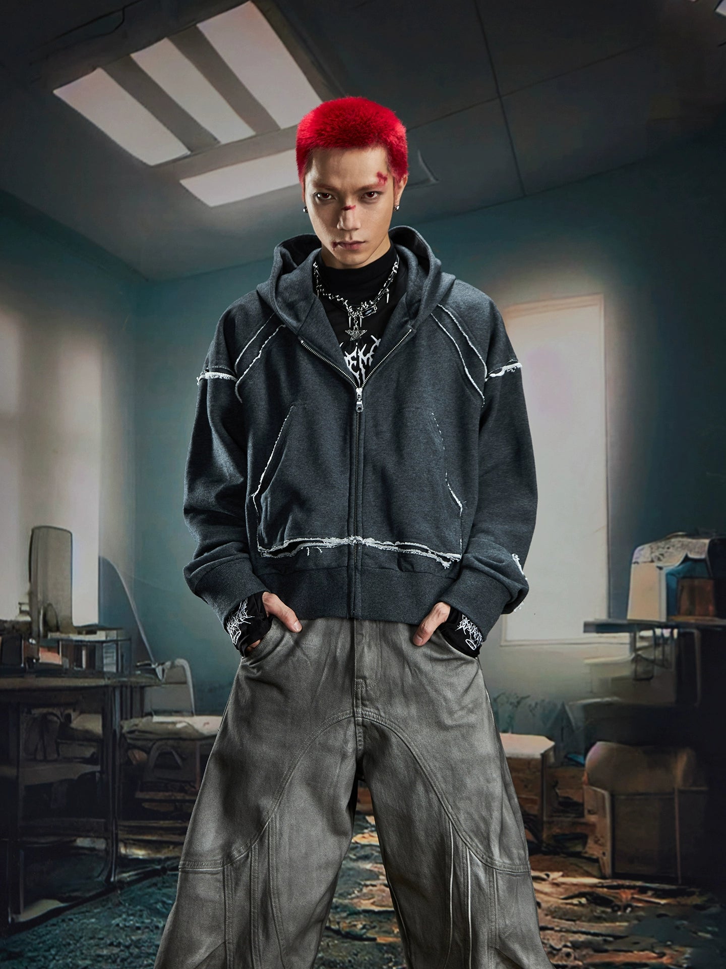 Fringe Deconstructed Patchwork Short Zipper Hoodie WN20583