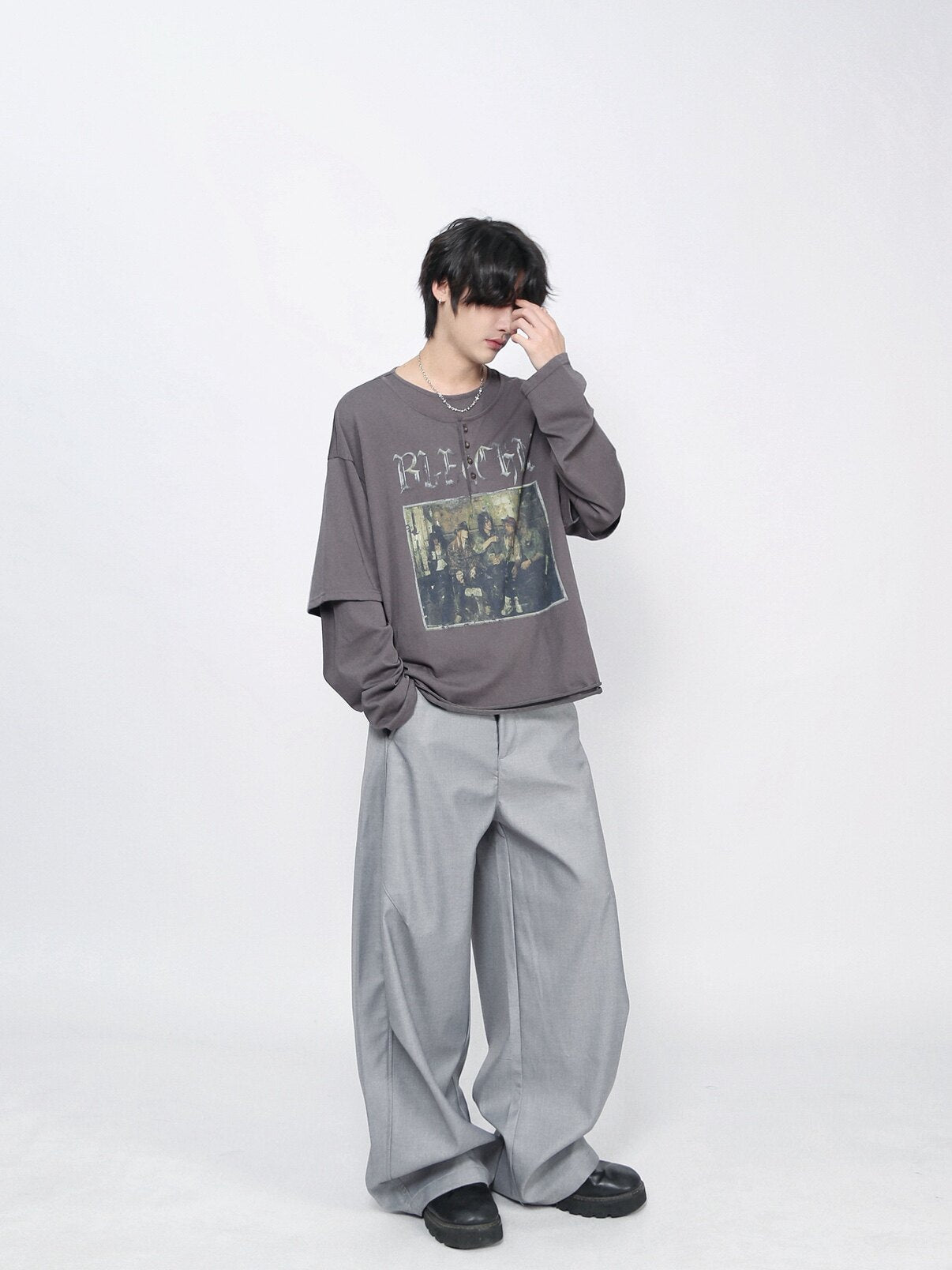 Fake Layered Print Oversize Long Sleeve T-Shirt WN24415